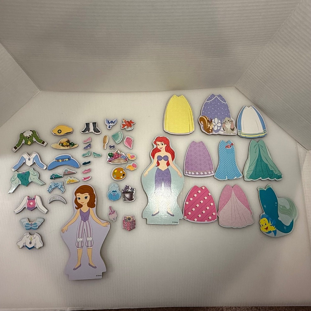 Melissa & Doug 2 Disney Princess Magnetic Wooden Dress Up Dolls Sophia Ariel 47p